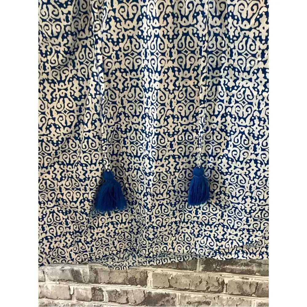 J. Crew Blue and White Printed Peasant Blouse Womens M, Boho, Tassels